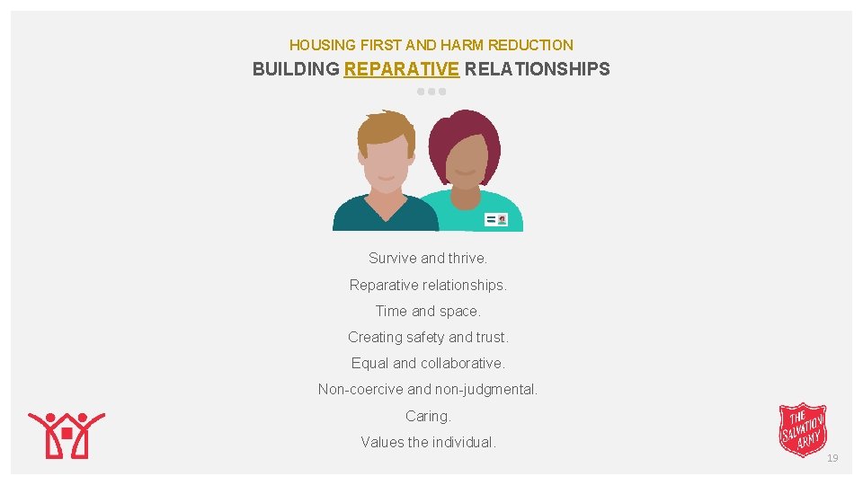 HOUSING FIRST AND HARM REDUCTION BUILDING REPARATIVE RELATIONSHIPS Survive and thrive. Reparative relationships. Time