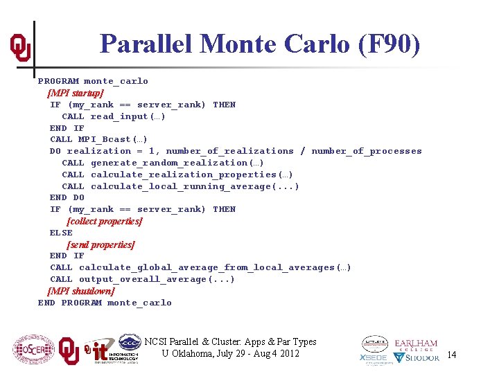 Parallel Monte Carlo (F 90) PROGRAM monte_carlo [MPI startup] IF (my_rank == server_rank) THEN