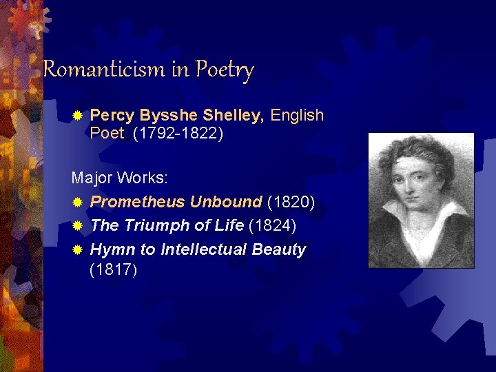 Romanticism in Poetry ® Percy Bysshe Shelley, English Poet (1792 -1822) Major Works: ®