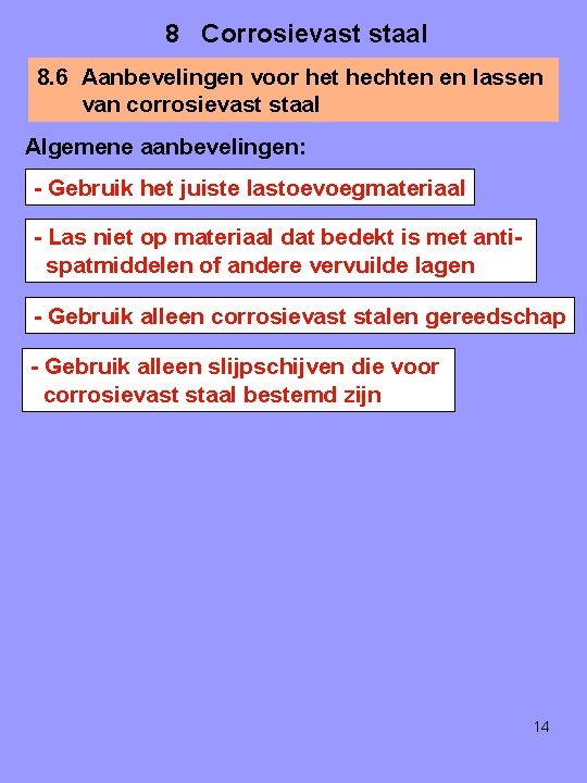 8 Corrosievast staal 8. 6 Aanbevelingen voor het hechten en lassen van corrosievast staal