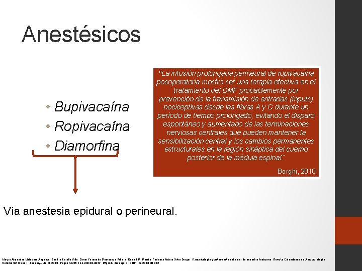 Anestésicos • Bupivacaína • Ropivacaína • Diamorfina ‘‘La infusión prolongada perineural de ropivacaína posoperatoria