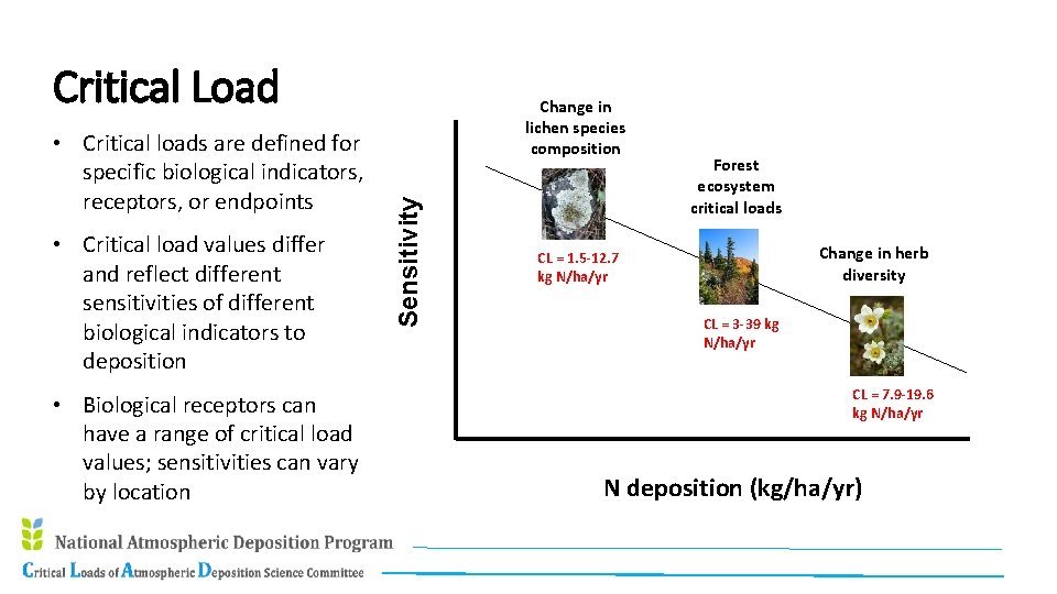 Critical Load • Critical load values differ and reflect different sensitivities of different biological