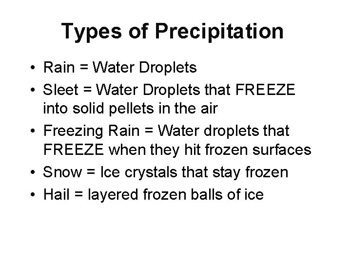 Types of Precipitation • Rain = Water Droplets • Sleet = Water Droplets that Types of Precipitation • Rain = Water Droplets • Sleet = Water Droplets that