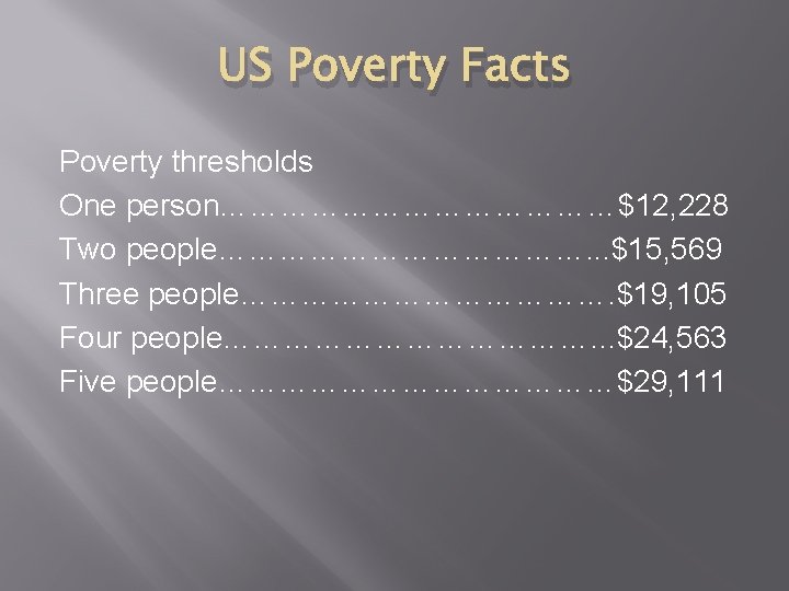 US Poverty Facts Poverty thresholds One person…………………$12, 228 Two people………………. . . $15, 569