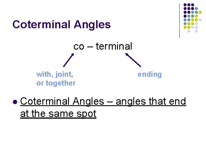 Coterminal Angles co – terminal with, joint, or together l ending Coterminal Angles –