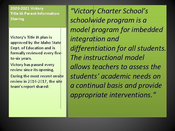 2020 -2021 Victory Title IA Parent Information Sharing Victory’s Title IA plan is approved