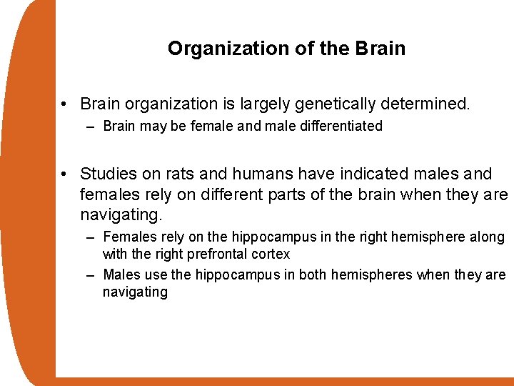 Organization of the Brain • Brain organization is largely genetically determined. – Brain may