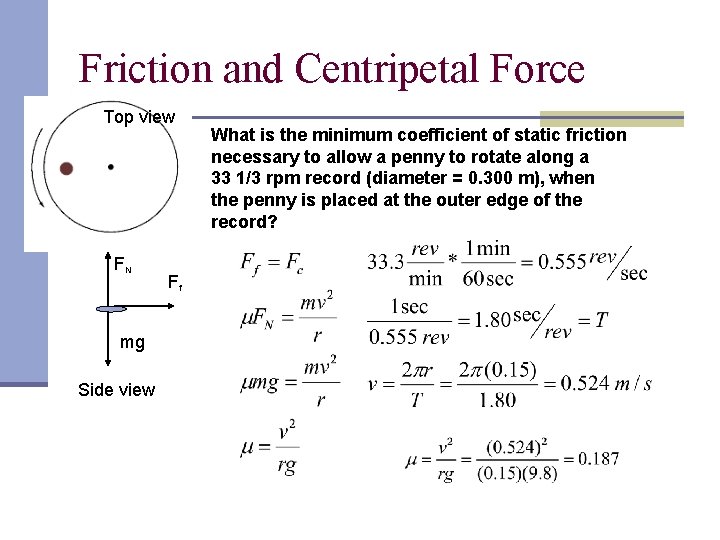 Friction and Centripetal Force Top view FN mg Side view Ff What is the