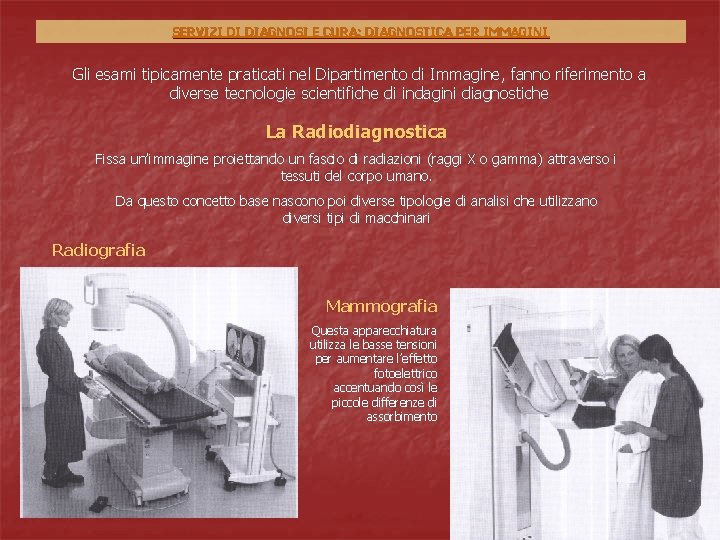 SERVIZI DI DIAGNOSI E CURA: DIAGNOSTICA PER IMMAGINI Gli esami tipicamente praticati nel Dipartimento SERVIZI DI DIAGNOSI E CURA: DIAGNOSTICA PER IMMAGINI Gli esami tipicamente praticati nel Dipartimento