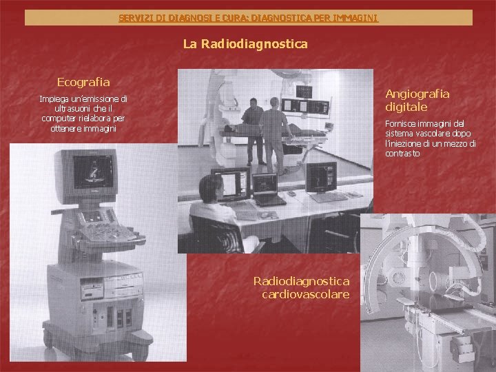 SERVIZI DI DIAGNOSI E CURA: DIAGNOSTICA PER IMMAGINI La Radiodiagnostica Ecografia Angiografia digitale Impiega SERVIZI DI DIAGNOSI E CURA: DIAGNOSTICA PER IMMAGINI La Radiodiagnostica Ecografia Angiografia digitale Impiega