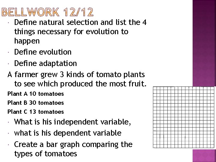 Define natural selection and list the 4 things necessary for evolution to happen Define