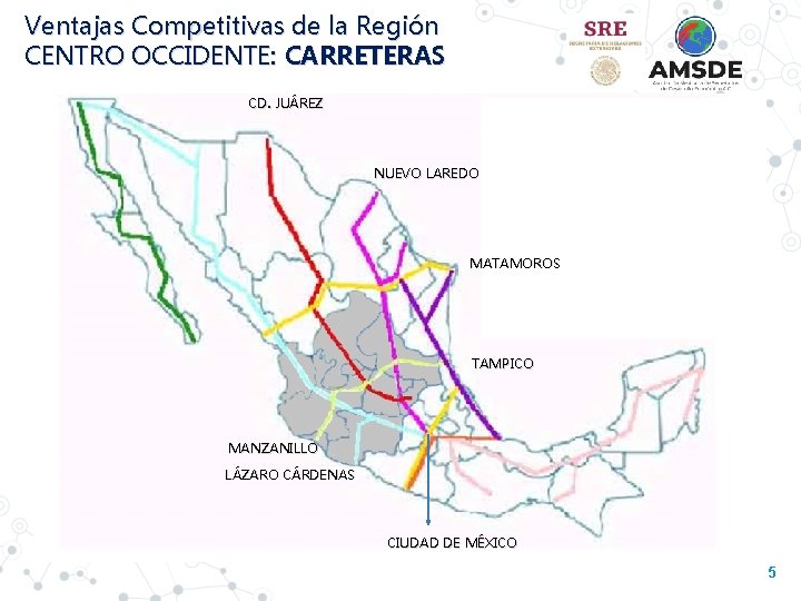Ventajas Competitivas de la Región CENTRO OCCIDENTE: CARRETERAS CD. JUÁREZ NUEVO LAREDO MATAMOROS TAMPICO