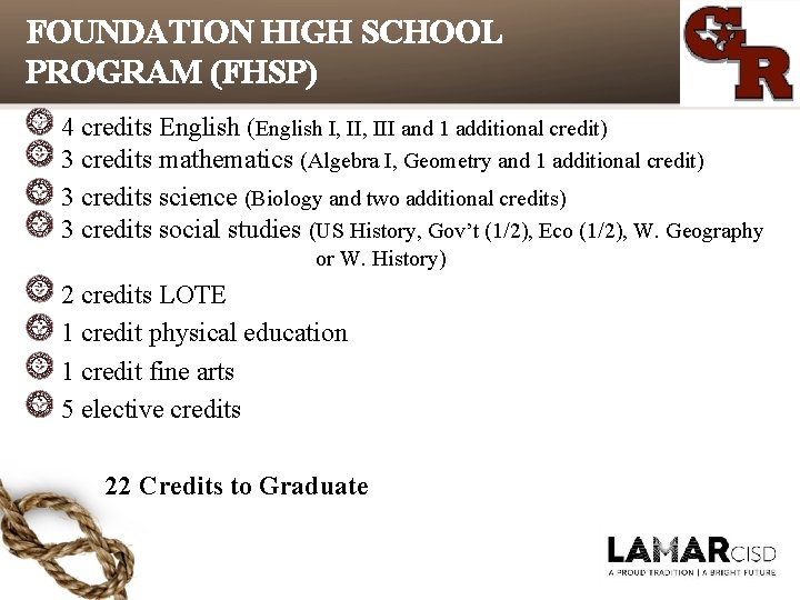 FOUNDATION HIGH SCHOOL PROGRAM (FHSP) 4 credits English (English I, III and 1 additional FOUNDATION HIGH SCHOOL PROGRAM (FHSP) 4 credits English (English I, III and 1 additional