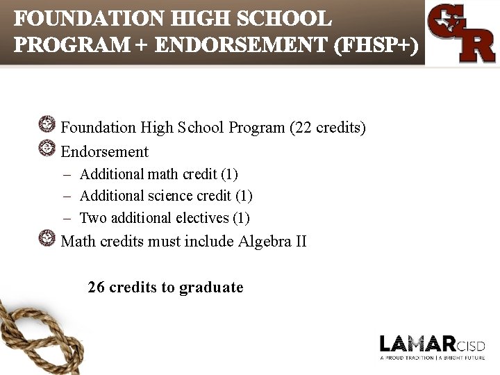 FOUNDATION HIGH SCHOOL PROGRAM + ENDORSEMENT (FHSP+) Foundation High School Program (22 credits) Endorsement FOUNDATION HIGH SCHOOL PROGRAM + ENDORSEMENT (FHSP+) Foundation High School Program (22 credits) Endorsement