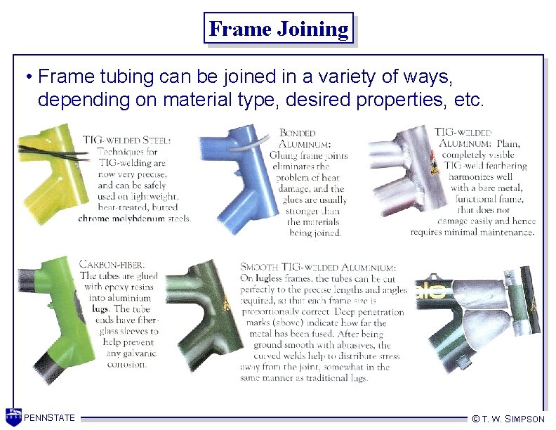 Frame Joining • Frame tubing can be joined in a variety of ways, depending