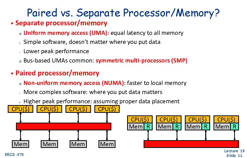 Paired vs. Separate Processor/Memory? • Separate processor/memory Uniform memory access (UMA): equal latency to
