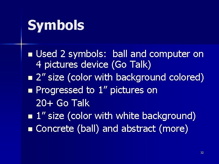 Symbols Used 2 symbols: ball and computer on 4 pictures device (Go Talk) n