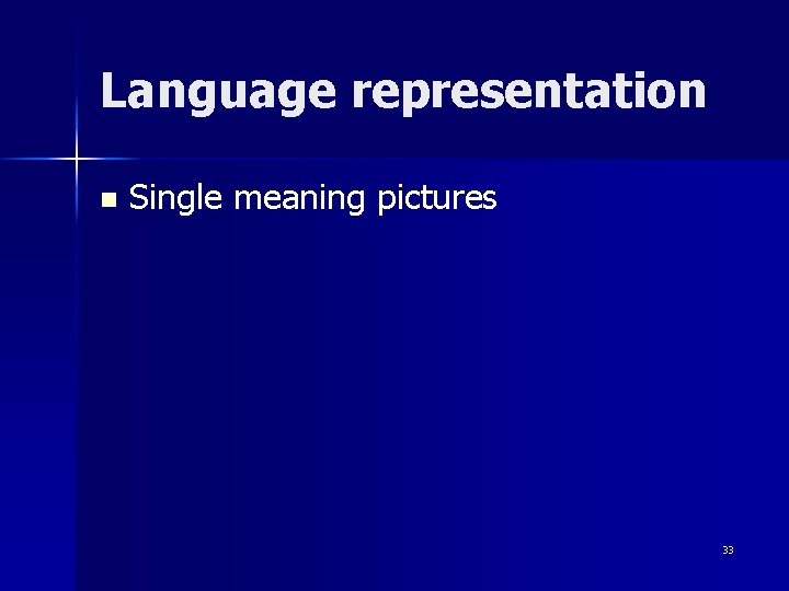 Language representation n Single meaning pictures 33 