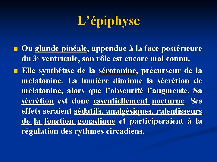 L’épiphyse n n Ou glande pinéale, appendue à la face postérieure du 3 e