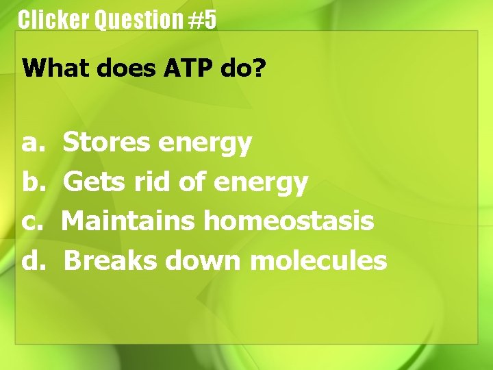 Clicker Question #5 What does ATP do? a. b. c. d. Stores energy Gets