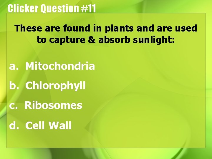 Clicker Question #11 These are found in plants and are used to capture &