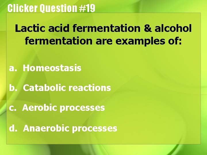 Clicker Question #19 Lactic acid fermentation & alcohol fermentation are examples of: a. Homeostasis