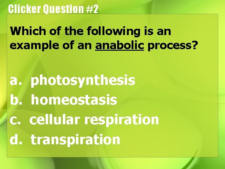Clicker Question #2 Which of the following is an example of an anabolic process?