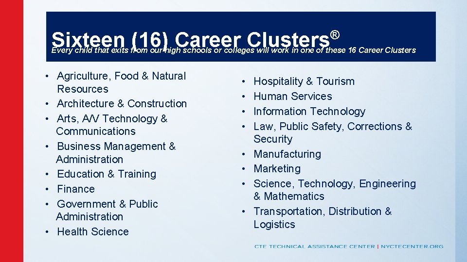 Sixteen (16) Career Clusters ® Every child that exits from our high schools or