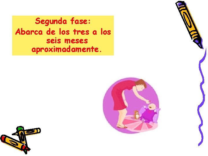 Segunda fase: Abarca de los tres a los seis meses aproximadamente. Segunda fase: Abarca de los tres a los seis meses aproximadamente.