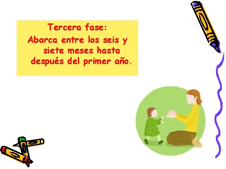 Tercera fase: Abarca entre los seis y siete meses hasta después del primer año. Tercera fase: Abarca entre los seis y siete meses hasta después del primer año.