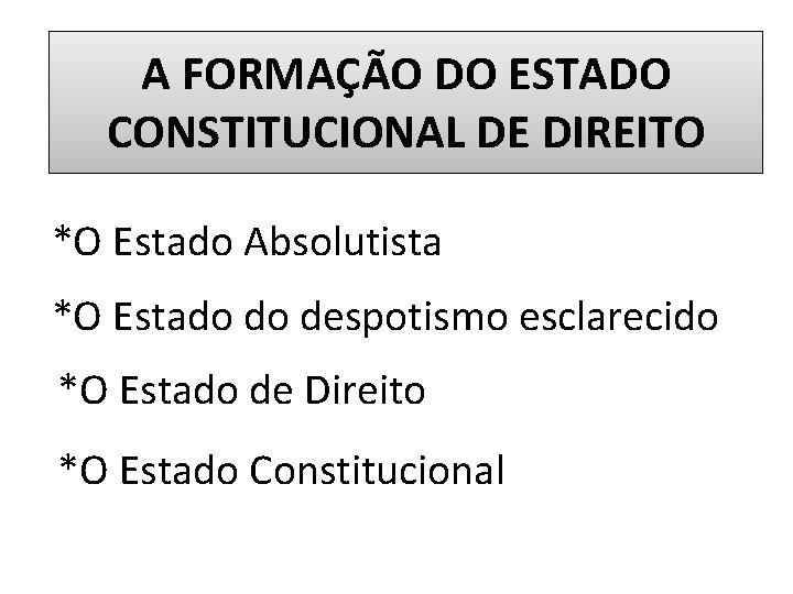 A FORMAÇÃO DO ESTADO CONSTITUCIONAL DE DIREITO *O Estado Absolutista *O Estado do despotismo