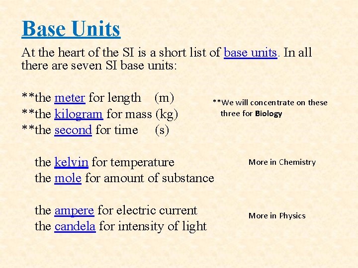 Base Units At the heart of the SI is a short list of base