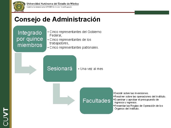 Consejo de Administración Integrado por quince miembros • Cinco representantes del Gobierno Federal, •