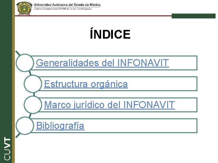 ÍNDICE Generalidades del INFONAVIT Estructura orgánica Marco jurídico del INFONAVIT Bibliografía 