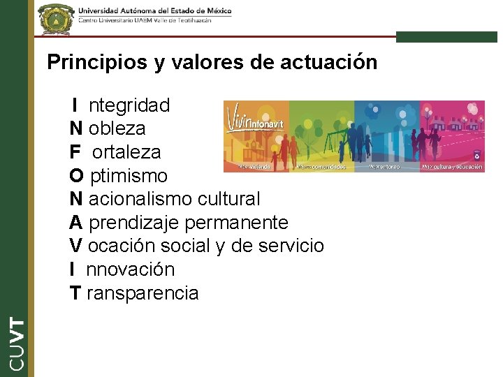 Principios y valores de actuación I ntegridad N obleza F ortaleza O ptimismo N