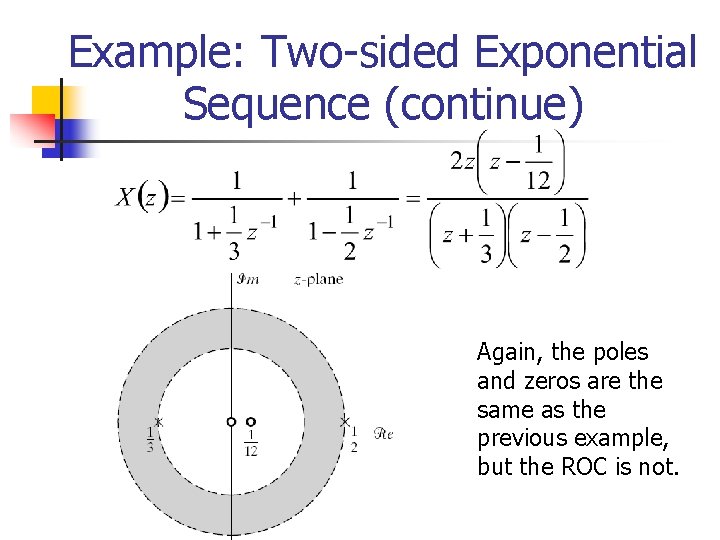 Example: Two-sided Exponential Sequence (continue) Again, the poles and zeros are the same as