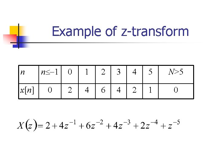 Example of z-transform n x[n] n 1 0 1 2 3 4 5 N>5