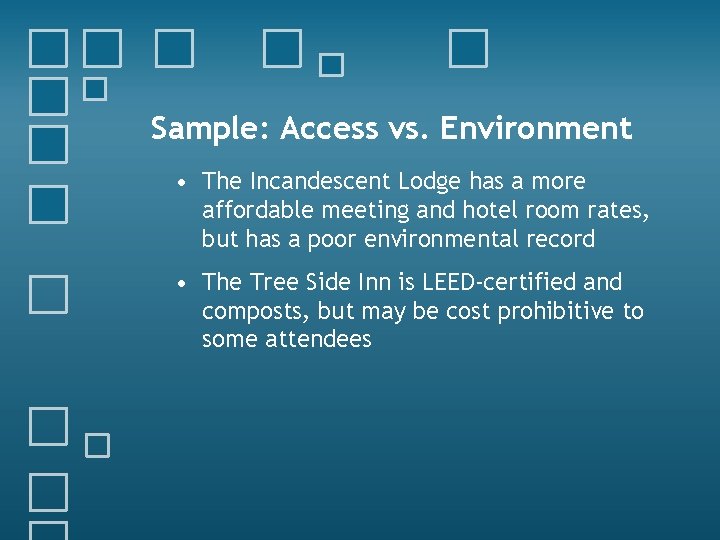 Sample: Access vs. Environment • The Incandescent Lodge has a more affordable meeting and