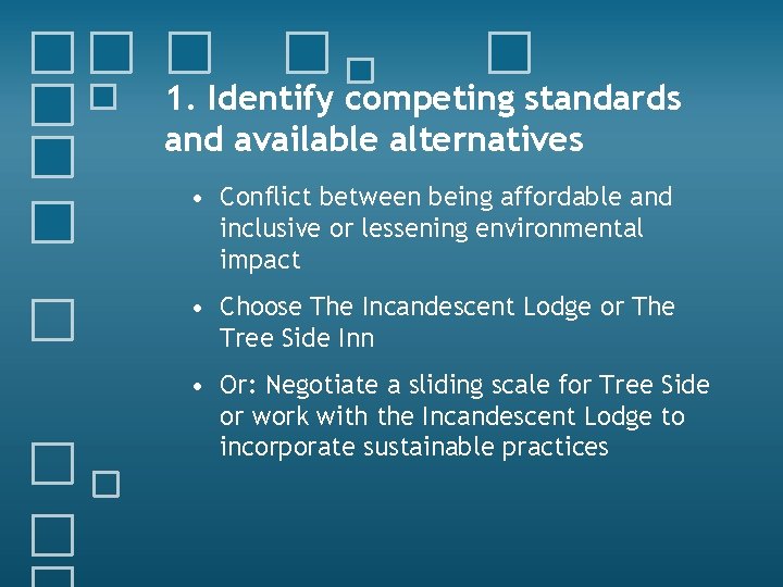 1. Identify competing standards and available alternatives • Conflict between being affordable and inclusive