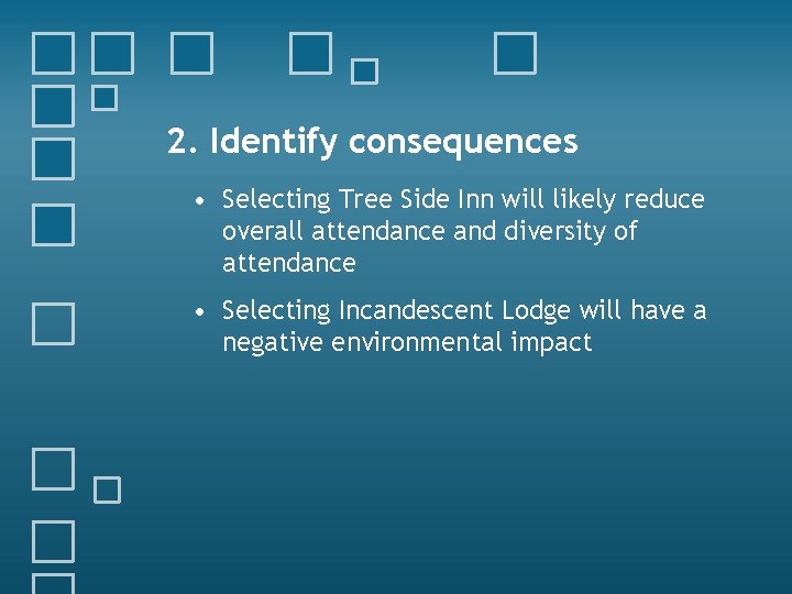 2. Identify consequences • Selecting Tree Side Inn will likely reduce overall attendance and