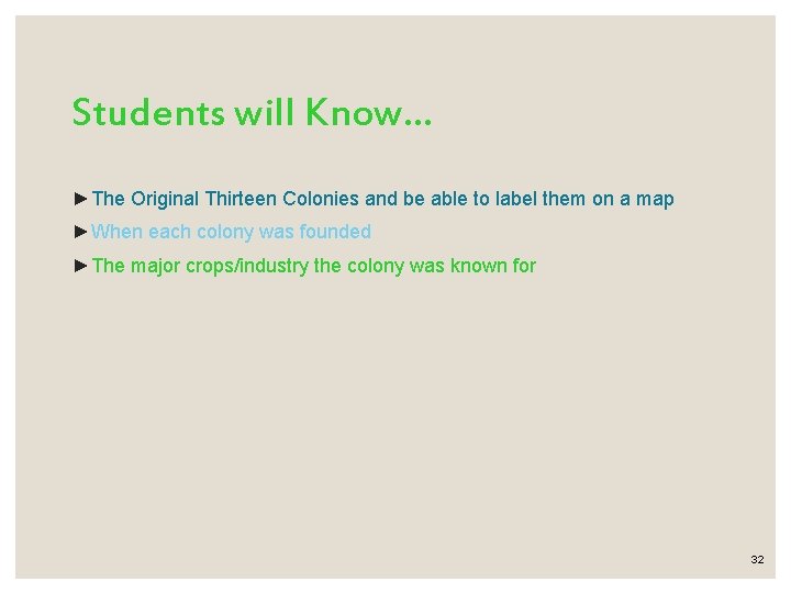 Students will Know… ►The Original Thirteen Colonies and be able to label them on