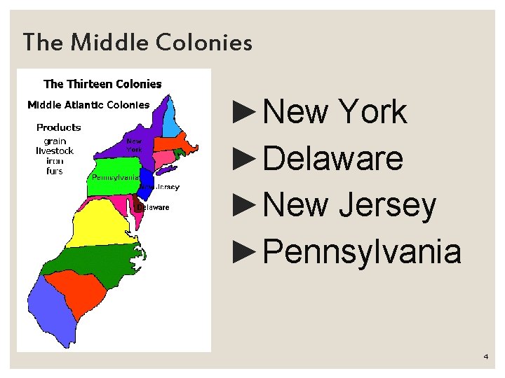 The Middle Colonies ►New York ►Delaware ►New Jersey ►Pennsylvania 4 