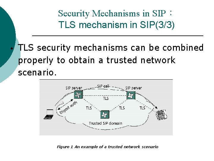 Security Mechanisms in SIP： TLS mechanism in SIP(3/3) w TLS security mechanisms can be