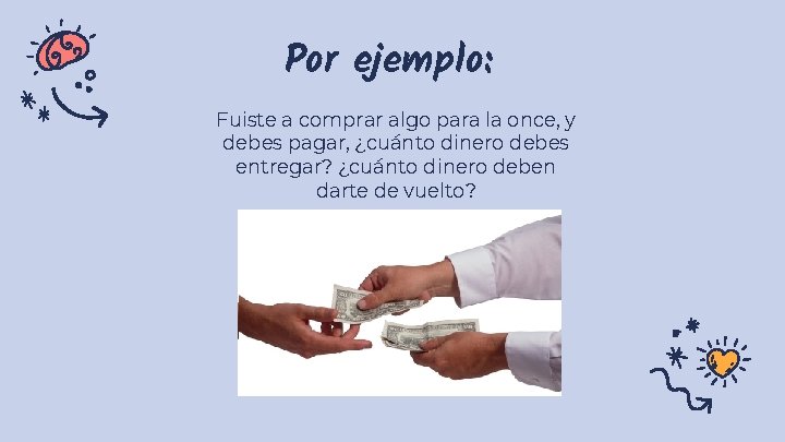 Por ejemplo: Fuiste a comprar algo para la once, y debes pagar, ¿cuánto dinero