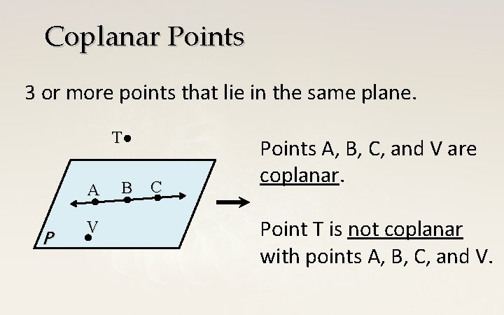 Coplanar Points 3 or more points that lie in the same plane. T A