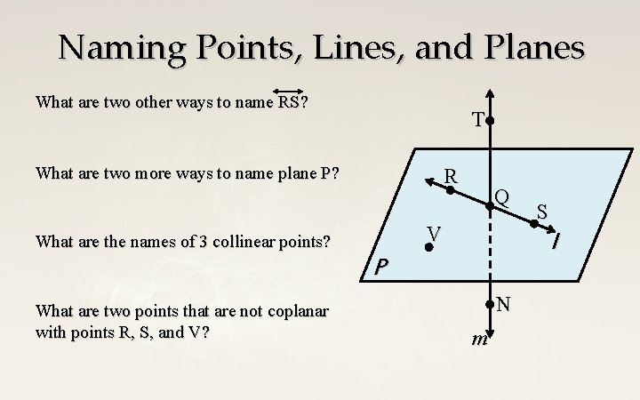 Naming Points, Lines, and Planes What are two other ways to name RS? T