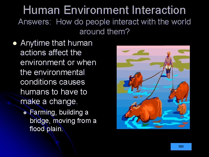 Human Environment Interaction Answers: How do people interact with the world around them? l