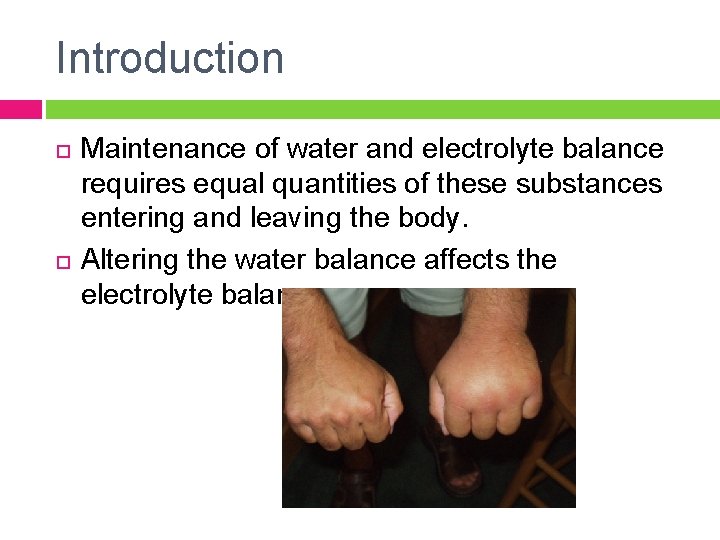 Introduction Maintenance of water and electrolyte balance requires equal quantities of these substances entering