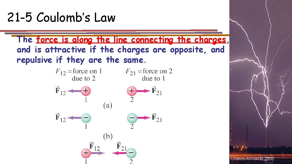 21 -5 Coulomb’s Law The force is along the line connecting the charges, and 21 -5 Coulomb’s Law The force is along the line connecting the charges, and