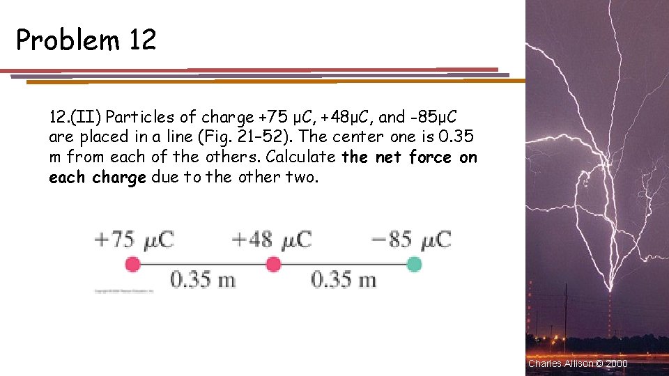Problem 12 12. (II) Particles of charge +75 μC, +48μC, and -85μC are placed
